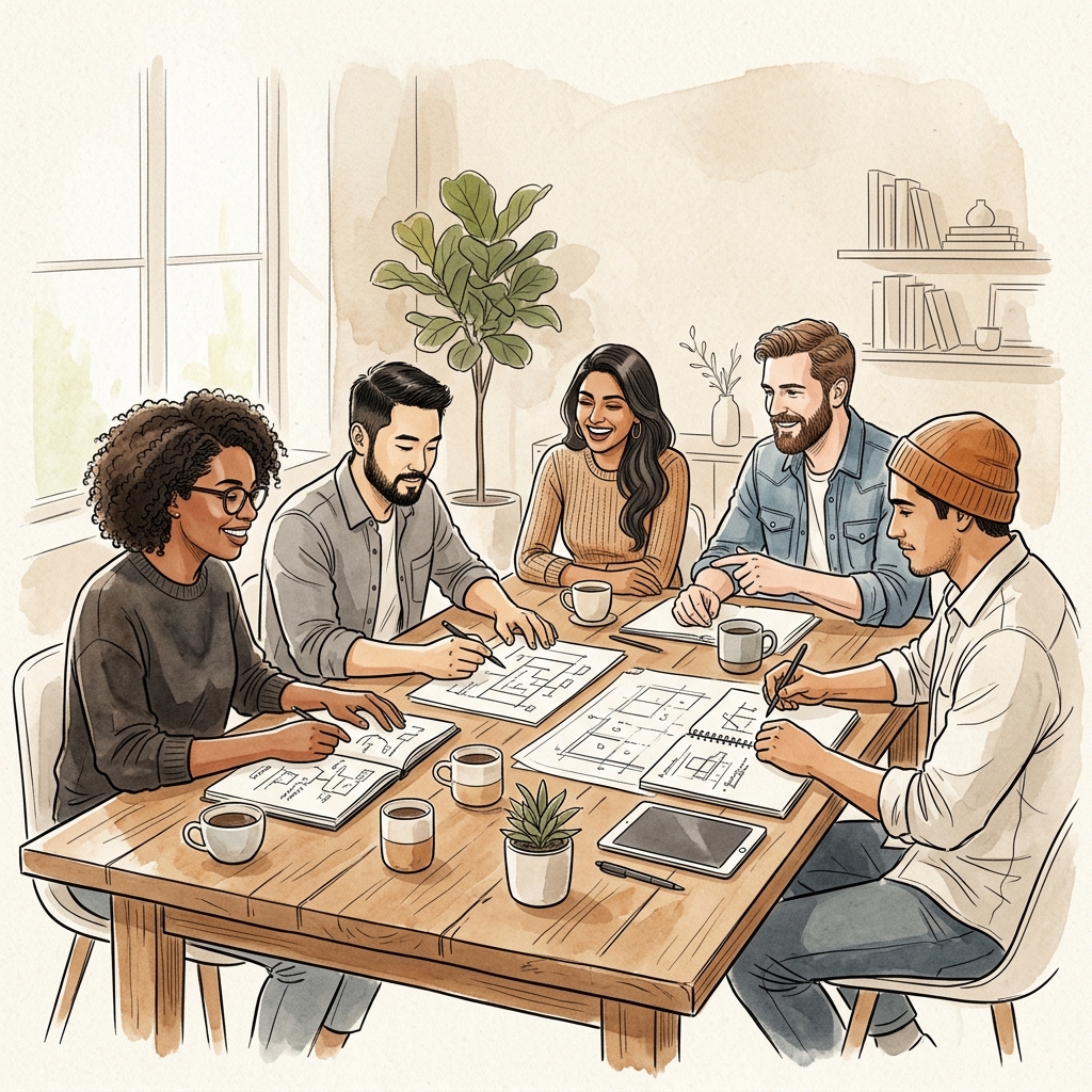 Hand-sketched illustration of engineering collaboration